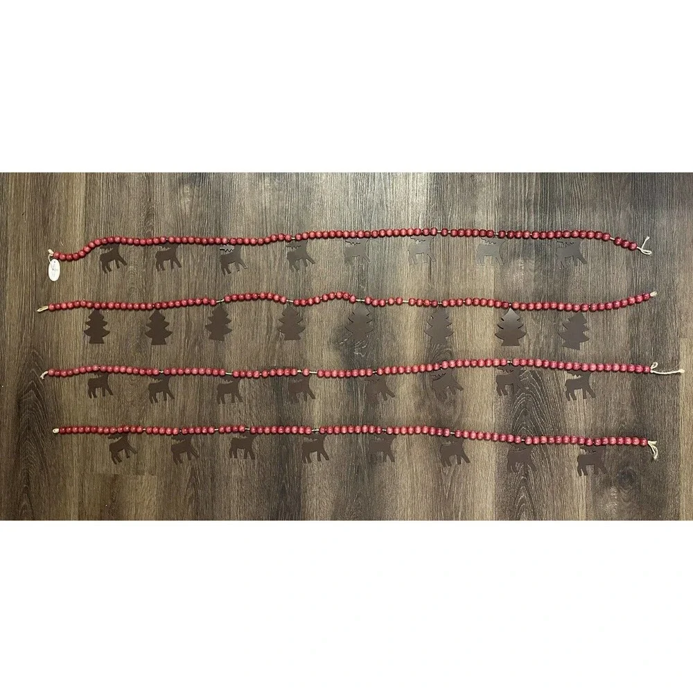 Lot 4 Red Wooden Bead Garland w/ Metal Reindeer Chistmas Trees Log Cabin Country